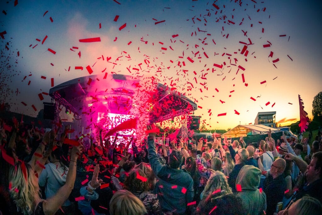 Confetti and view of the stage at Meridian Showground